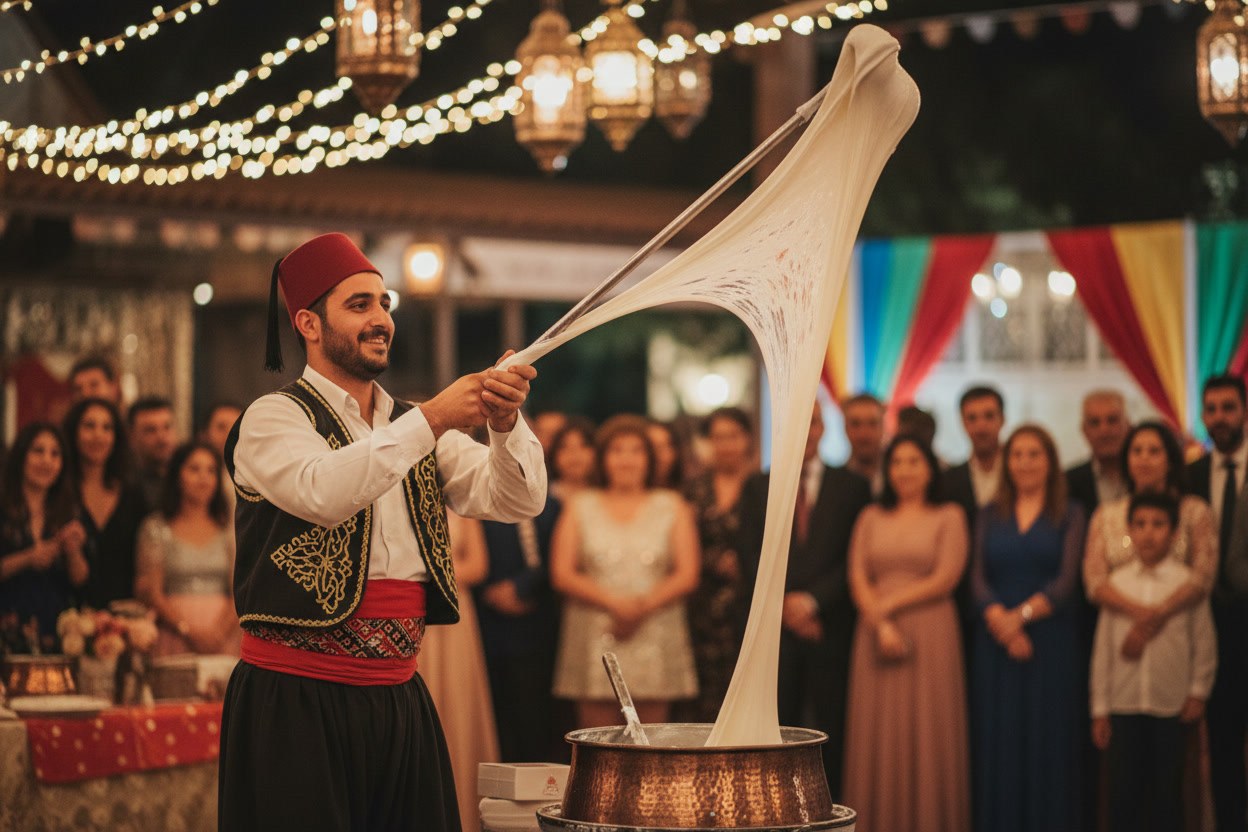 Geleneksel kıyafetli dondurma ustası, davette bakır kazandan dövme dondurmayı uzatarak servis ederken